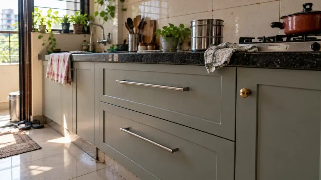 Kitchen shutters with a steel bar pull on a drawer and a brass knob on a small door