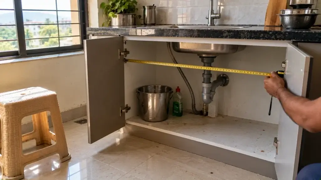 Steel tape measure held across the inside of an open sink base cabinet under a kitchen platform
