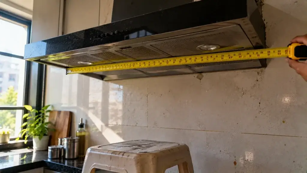 A steel tape held along the lower edge of a kitchen chimney body showing cm and inches