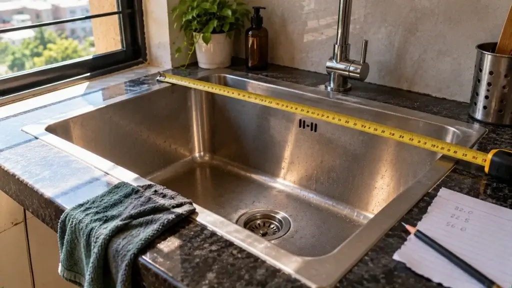 A steel tape laid along the top of a steel sink with the length reading in inches and cm