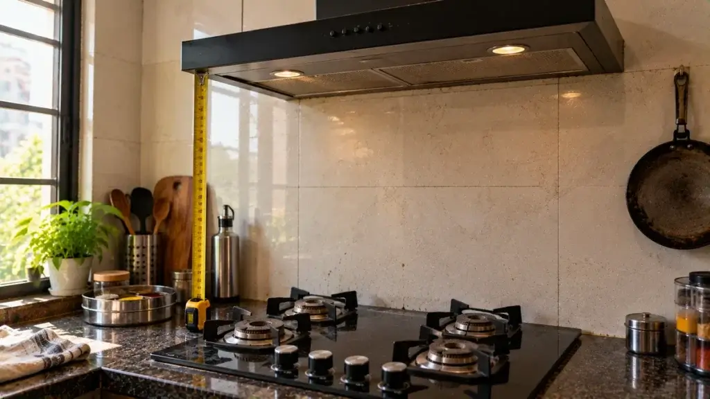 A chimney hood wider than a four burner hob seen from the side with a steel tape below it