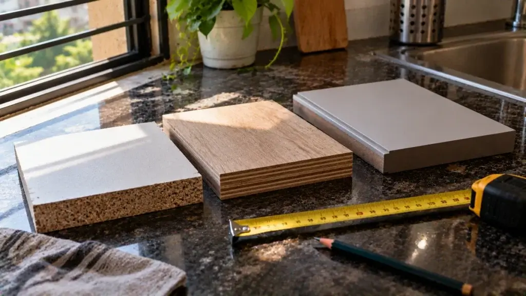 Three small board samples, particle board, plywood and a laminate shutter, laid in a row on a counter
