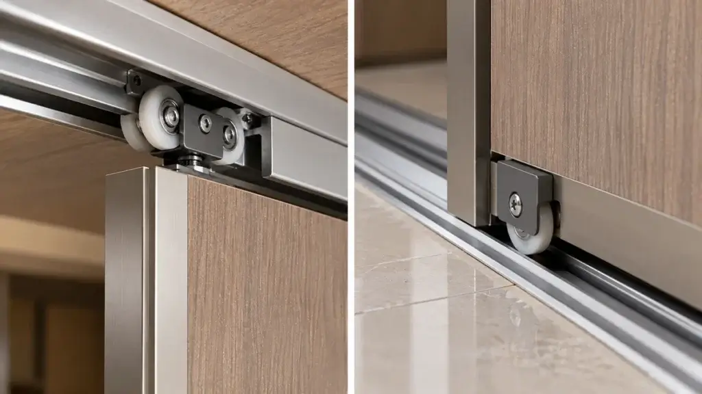 Side-by-side view of a top-hung roller on an overhead track and a bottom roller in a floor track