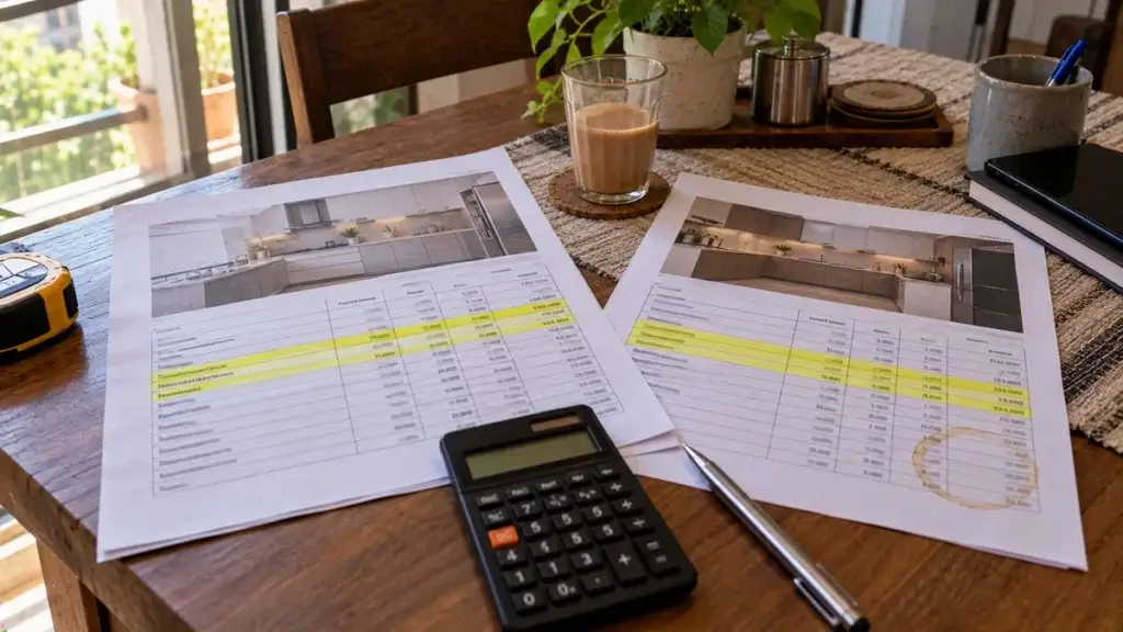 Two printed kitchen quotes side by side on a table with matching lines highlighted in yellow