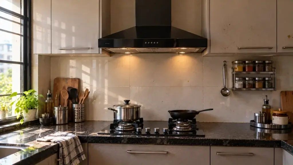 A wall mounted chimney centred above a gas hob in an L-shaped kitchen corner with wall cabinets beside it