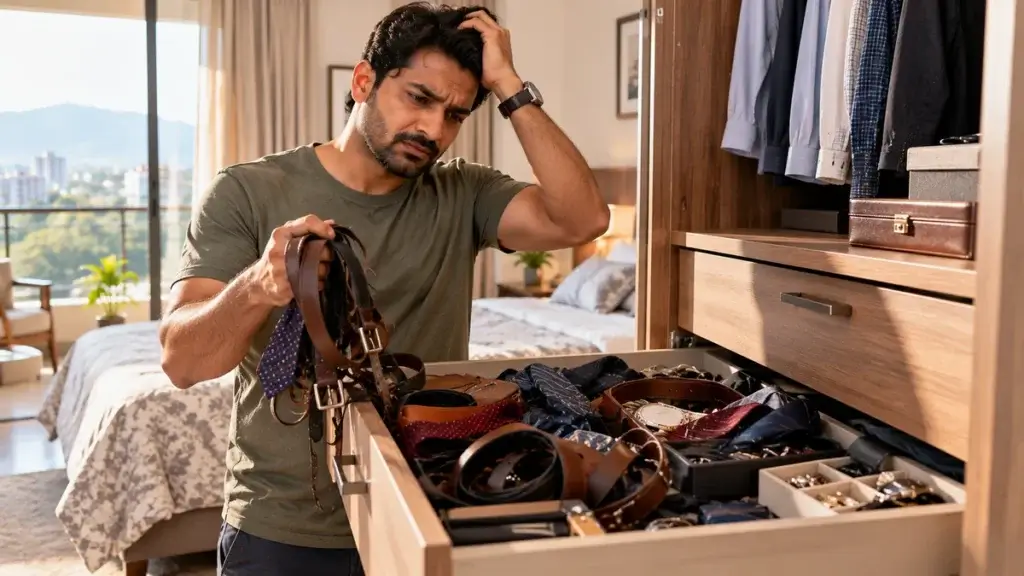 Open wardrobe drawer with belts and ties tangled together before any organiser is fitted